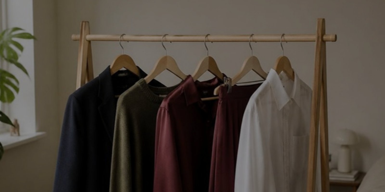 Clothing rail of navy, olive, burgundy and white pieces in a bright room