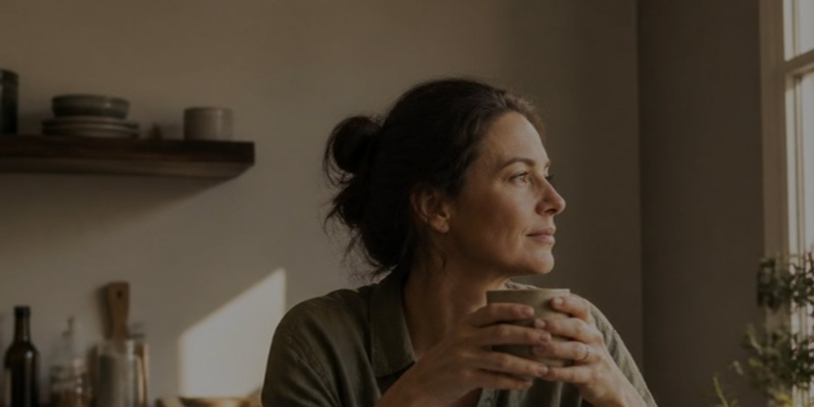 Woman in her forties holding a mug and looking out a kitchen window